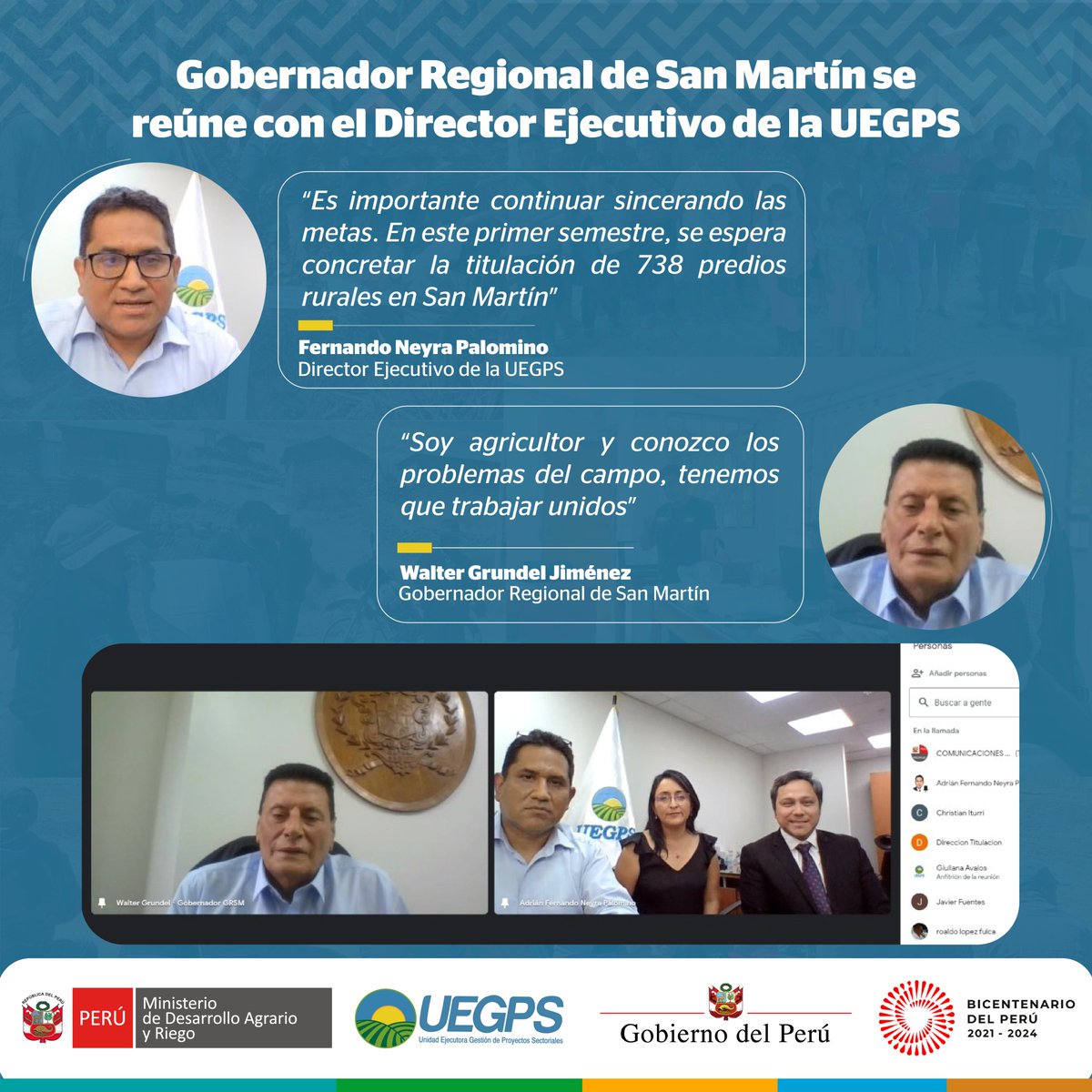 Uegps_Midagri's tweet photo. 📍 TRABAJO EN EQUIPO 

Funcionarios y especialistas del #PTRT3 se reunieron con  gobernador regional de San Martín para continuar con el proceso de titulación de predios rurales en la región, durante este 2023.

#UEGPS #GoreSanMartin https://t.co/7w2FJaahKD