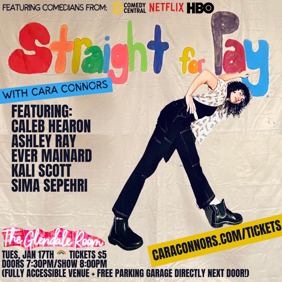 #straightforpaycomedy tomorrow night in LA! Featuring <a href="/theashleyray/">ashley ray</a> <a href="/evermainard/">Ever Mainard</a> and just added the incredible <a href="/Andrew_Orolfo/">Andrew Orolfo</a> ‼️ caraconnors.com/tickets
.
.
<a href="/TheGlendaleRoom/">The Glendale Room</a> <a href="/Kfelbs33/">Katie Felber</a>