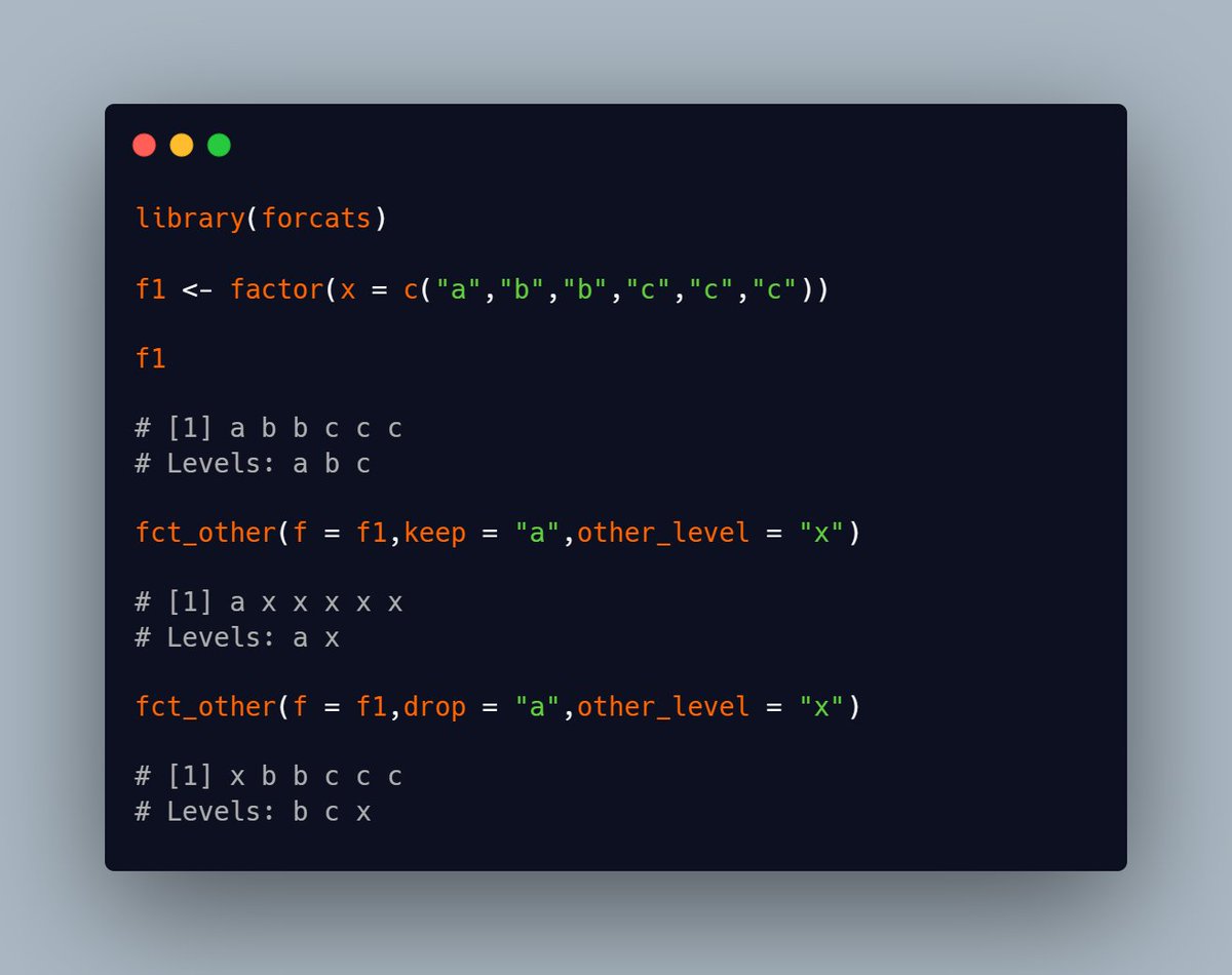 vbfelix's tweet photo. fct_other() allows us to replace levels by a string. We can either keep or drop the levels in our factor 

#forcats #tidyverse #rstats https://t.co/DYg7HbTnbU