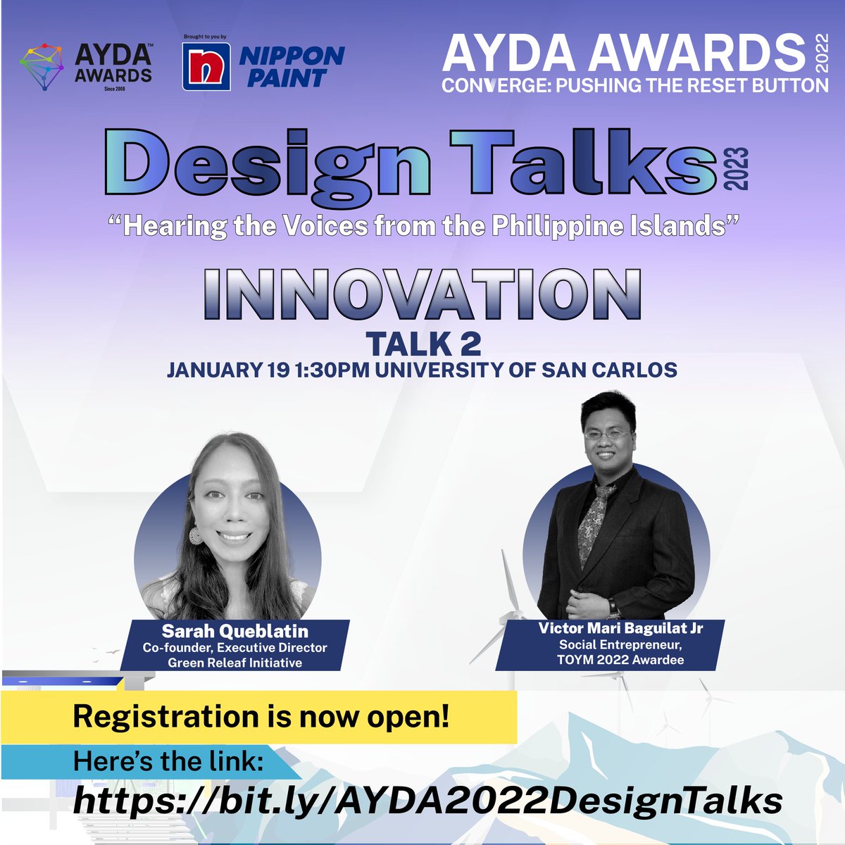 aydaph's tweet photo. DesignTalks 02 - Hearing the Voices from the Philippine Islands. Talk 2 - “Innovation” on January 19, 2023.

Register through this link: https://t.co/Gf9aUqS888. 
Via Zoom through this link: https://t.co/HKHTinnqHN
FB: https://t.co/PmBJceqTkn

See you there!
#AYDAAwardsPH2022 https://t.co/4b8HxYtHlb
