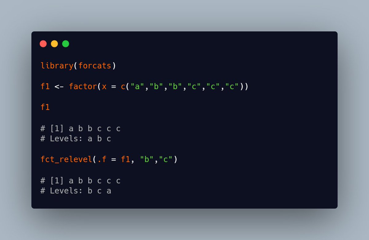 vbfelix's tweet photo. fct_relevel() allows us to manually define a new order for our levels

#forcats #tidyverse #rstats https://t.co/lFNYsQSqWC