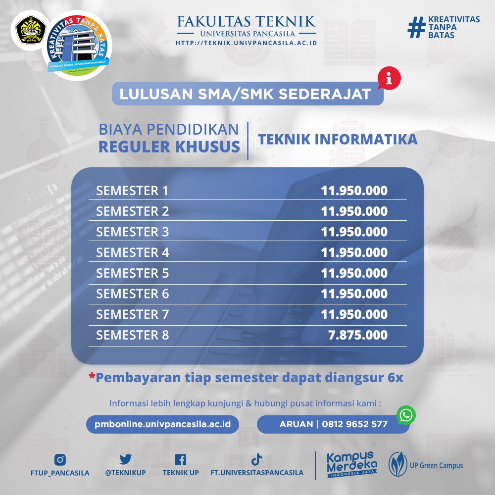TeknikUp's tweet image. Tertarik dengan dunia perancangan komputer dan ingin mempelajarinya lebih dalam tentang Teknik Informatika di FTUP. Yuk, segera daftarkan diri kamu!
Link Website : pmbonline.univpancasila.ac.id
No. Telp : 0812 9652 577 (Aruan)
#FTUP #KreativitasTanpaBatas #TeknikInformatika