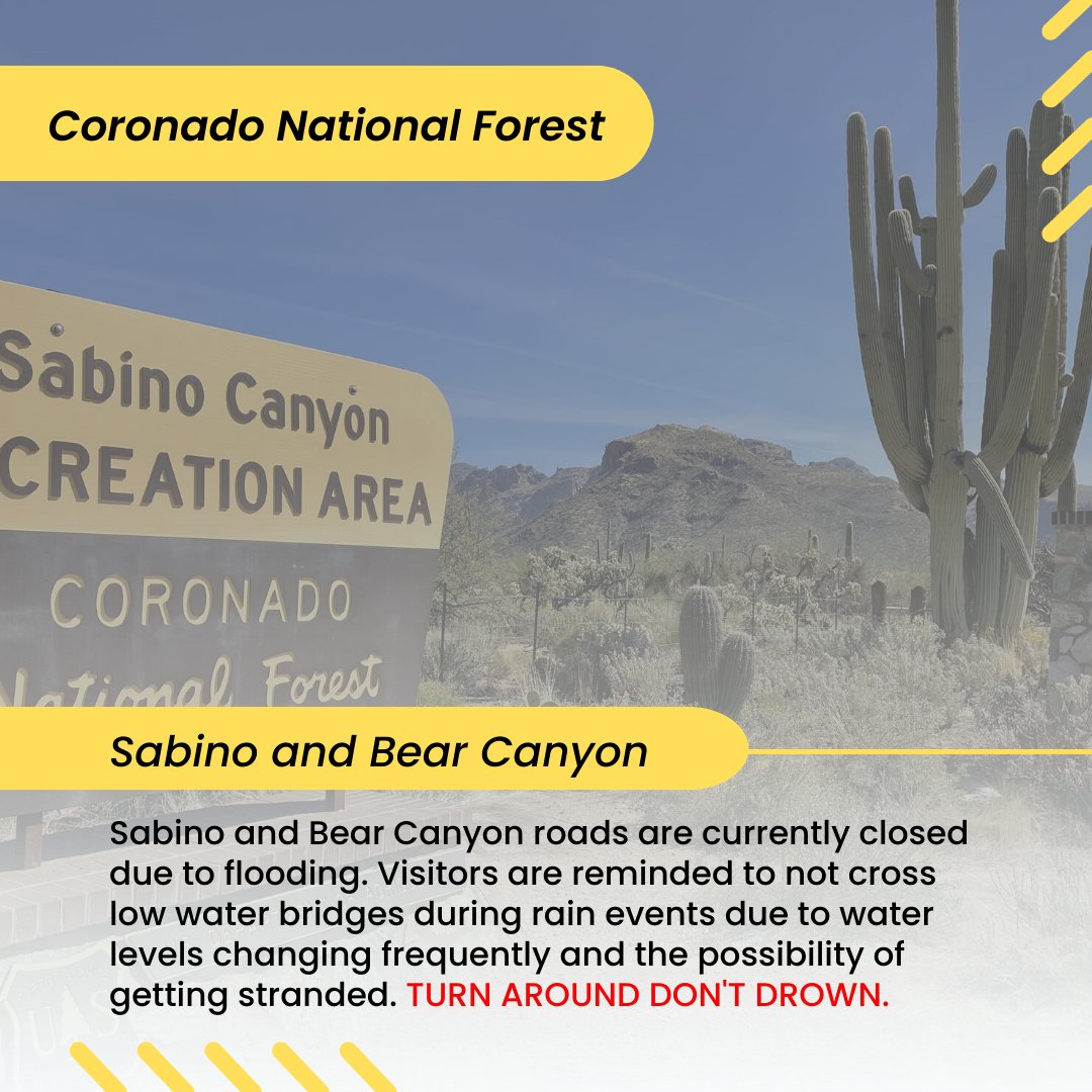 Sabino and Bear Canyon roads are closed due to flooding. Visitors are reminded to not cross low-water bridges during rain events due to water levels changing frequently and the possibility of getting stranded. 

Turn around don't drown!