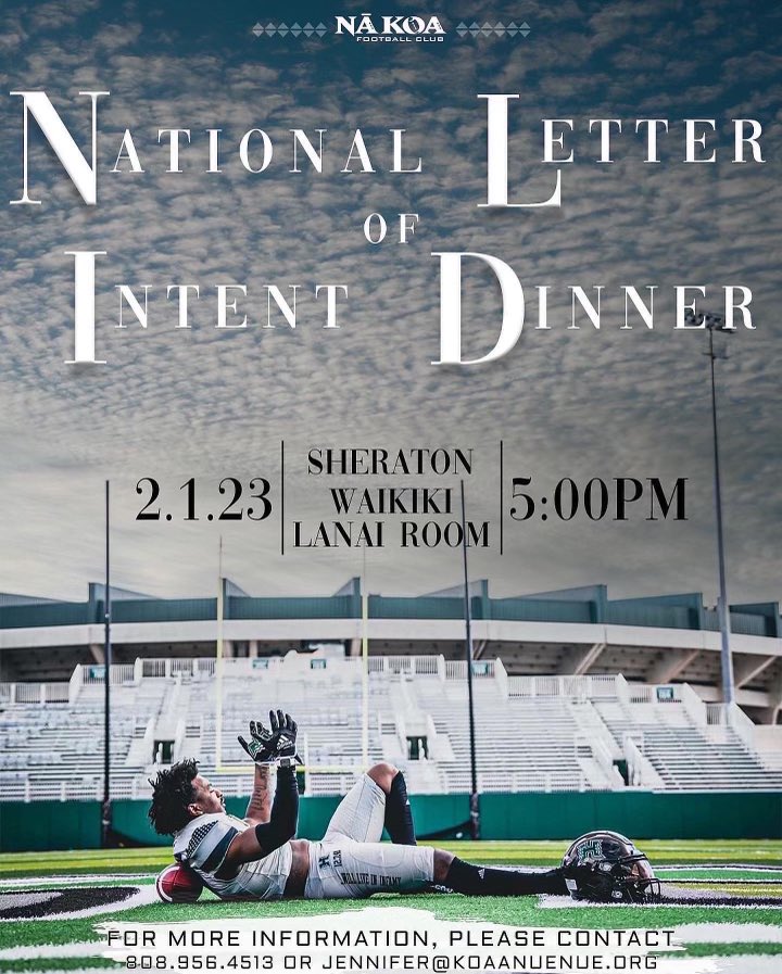 NaKoaFootball's tweet photo. Hawai’i, please come out and support the #BRADDAHHOOD

Join the ‘23 Class and Coaching Staff at our Exclusive Sheraton Waikiki NLI Dinner! https://t.co/bA6il0RITm