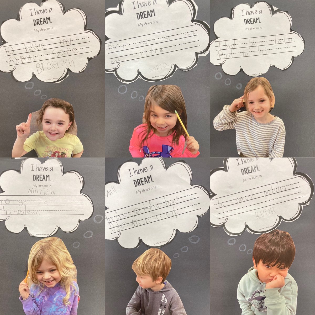 ElkhornPS_FR's tweet photo. Kindergarten has been learning about important people of the past and present. Miss DeBolt’s class worked on writing about their dreams, inspired by Martin Luther King Jr. #FireRidgeFalcons #EPSAchieves https://t.co/Qd84xyULED