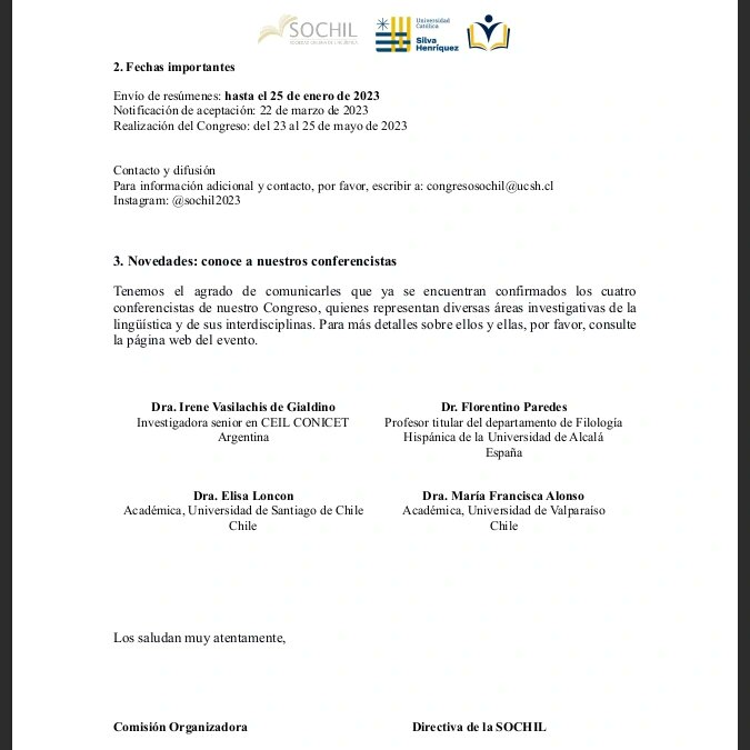 Segunda circular de nuestro congreso #SOCHIL2023 
Nos vemos en mayo!
Web: ucsh.cl/sochil2023/
