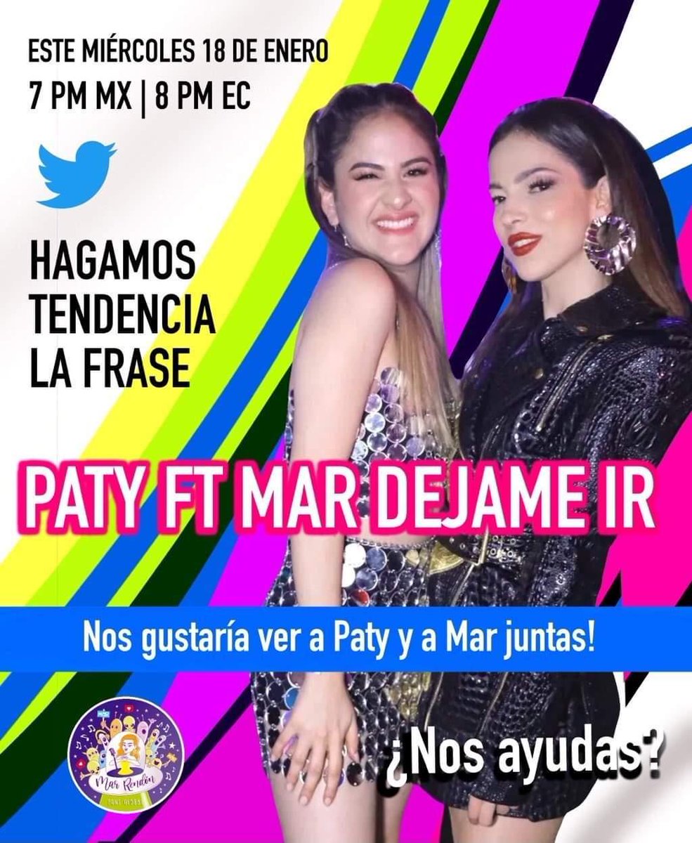 MarRendonMexico's tweet photo. Buenas tardes Marcianes que aman las TENDENCIAS! Los invitamos este miércoles 18 de enero a las 7:00pm 🇲🇽 8:00pm 🇪🇨 a unirnos con nuestros amigos CANTÚES @MundoPatyCantu, para apoyar la tendencia y escuchar también a las dos Reinas @PatyCantu y @MarRendonMusica

Playlist 👇🏼 https://t.co/IZH8YGXM84
