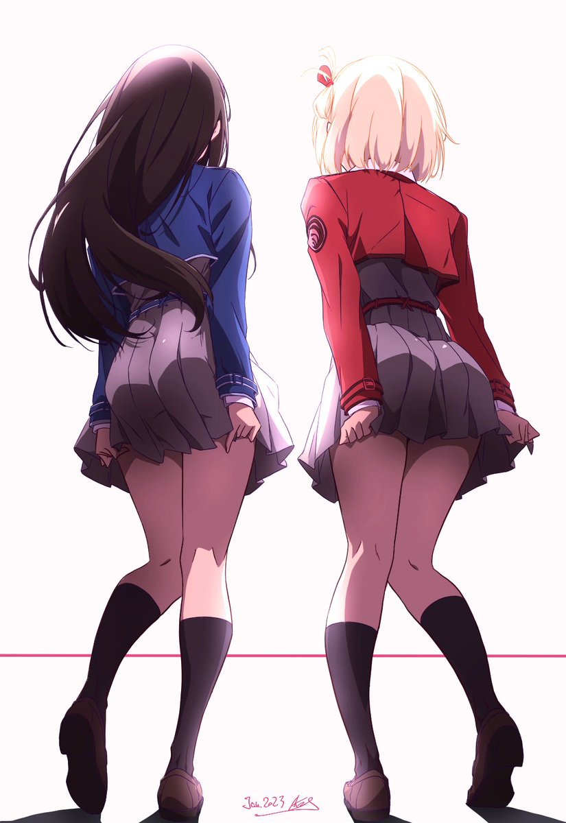 2girls belt black hair black socks blonde hair blue dress brown footwear  illustration images