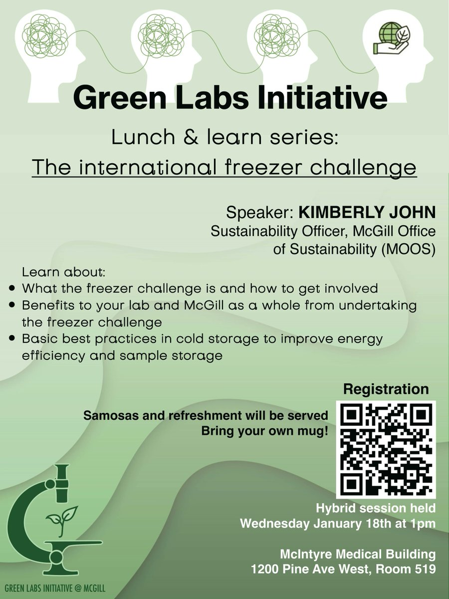 Want to make the fridges and freezers in your <a href="/mcgillu/">McGill University</a> lab more energy efficient and improve sample storage? Join the Green Labs Initiative on Wednesday, Jan. 18 from 1-2 PM for a hybrid Lunch &amp; Learn about the International Freezer Challenge. Register: buff.ly/3iIKZFf