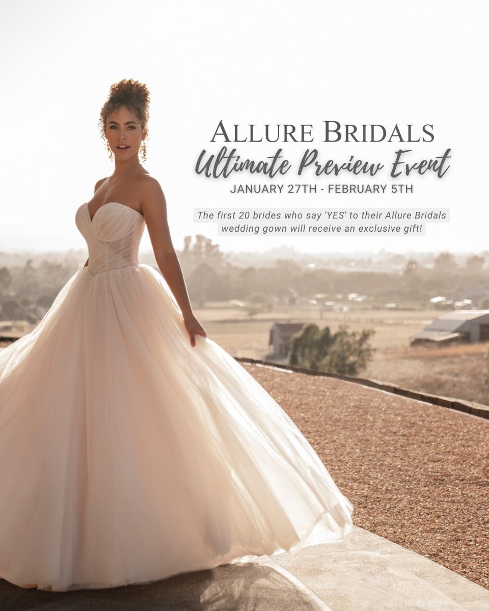 TrudysBrides's tweet photo. The @AllureBridals Ultimate Preview Event feat. the Spring 2023 collection is from 1/27 thru 2/5. The first 20 brides who say 'YES' to their Allure Bridals wedding gown will receive an exclusive gift. 

BOOK NOW: 408.377.1987 or https://t.co/bCeQFCNgoF.

#weddings #trunkshow https://t.co/DRXzelJuOV