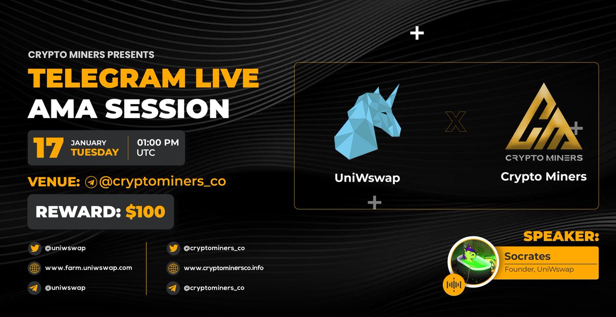 CryptoMiners_Co's tweet photo. 🎙️We're pleased to announce our next #AMA with @uniwswap  on 17th January at 1:00 PM UTC

💰Rewards Pool: 100$

🏠 Venue: https://t.co/NjkdkL6nIG

〽️Rules:
1⃣ Follow @Cryptominers_co &amp; @uniwswap 
 
2⃣ Like &amp; RT
3⃣ Comment Qs &amp; Tag 3 https://t.co/S2noKJngEn