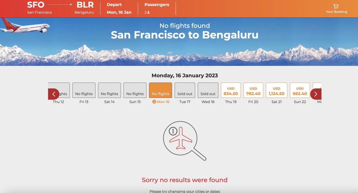 ganeshkram's tweet photo. @SaimanShetty @airindiain Jan 18 Ticket already SOLD OUT :( they hiked 20th fare also. I think we should rebook some flight ASAP. https://t.co/GX2N13MB3K