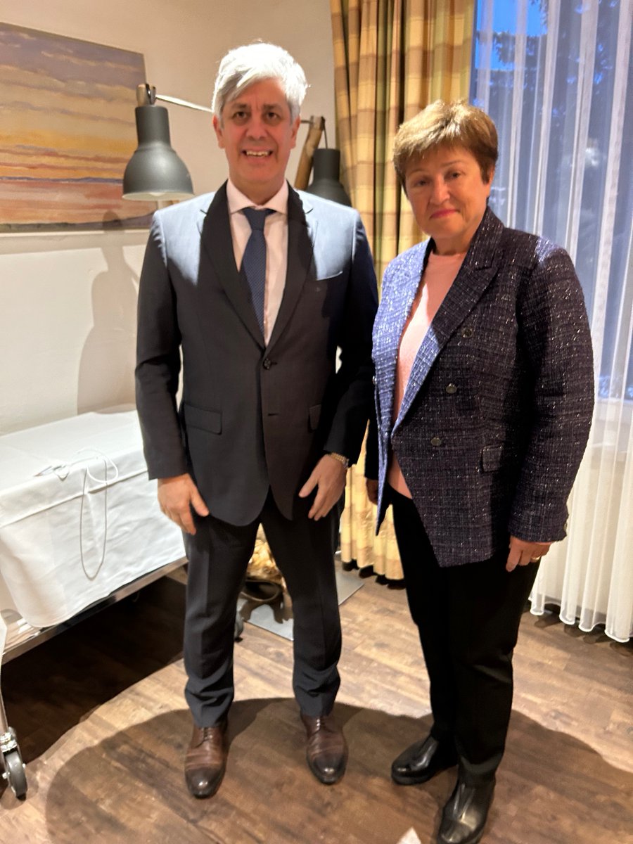 KGeorgieva's tweet photo. Very good meeting w/ @bancodeportugal Governor @mariofcenteno at Davos. We discussed priorities to address global economic challenges, incl. inflation pressures. 

Portugal’s pledge to contribute to the Fund’s concessional financing Trust for low-income countries is most welcome. https://t.co/WpLaJciRZe