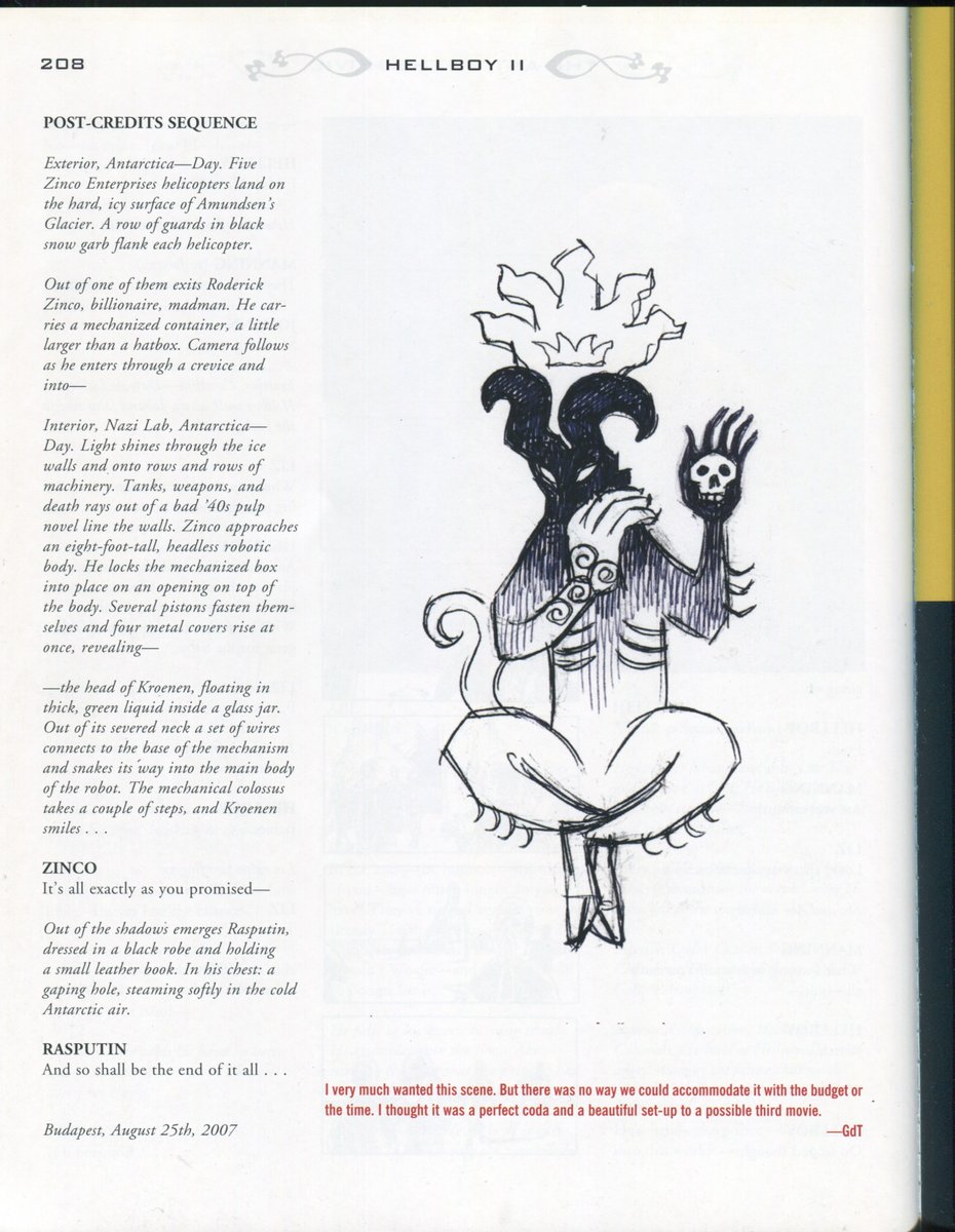 Chogrin's tweet photo. I dream about @RealGDT's #Hellboy3 from time to time. Specially after this tease in the #GoldenArmy art book. I would also love to see Guillermo's backstories for #JohannKraus & #AbeSapien, as well as his take on #LobsterJohnson.
#Hellboy2 #Hellboy #MikeMignola #GuillermodelToro https://t.co/8efqZjhZ7N