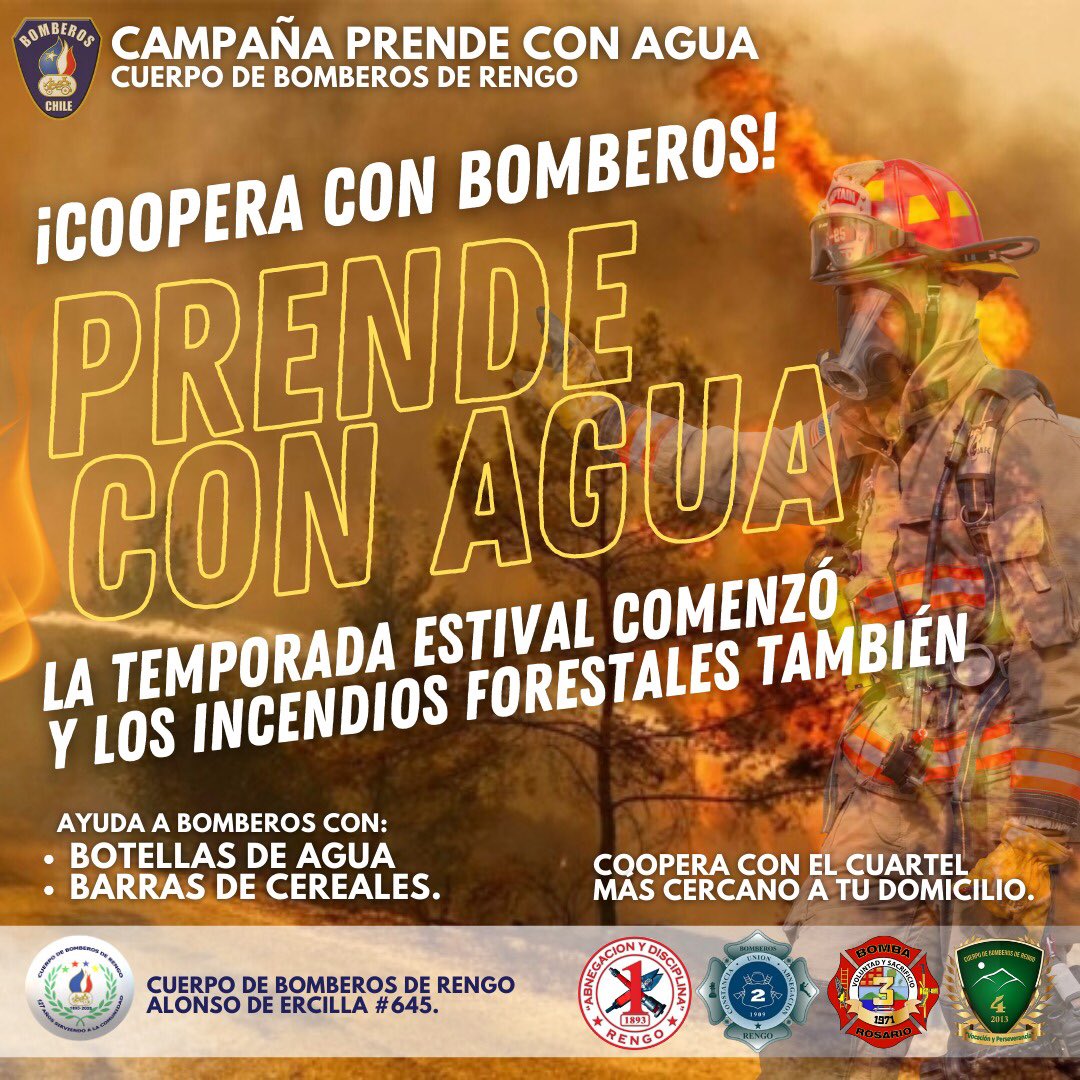 Bomberos_Rengo's tweet photo. Recuerda que tú puedes ayudar a combatir los incendios forestales apoyando a nuestras Bomberas y Bomberos. Donando agua, barras de cereales o bebidas isotónicas. ¡Ayúdanos a ayudar! y colabora en tu cuartel de bomberos más cercano de la comuna de Rengo. ¡Desde muchas gracias! https://t.co/wbpvgGk2V4