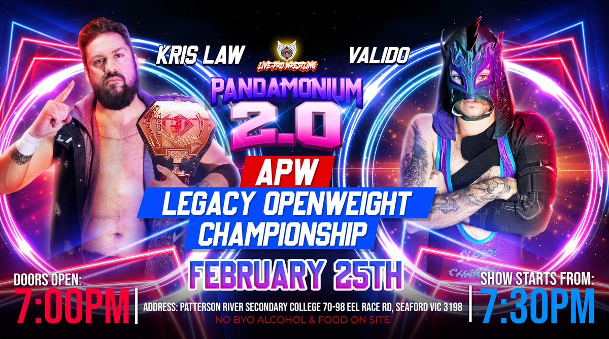 AdrenalinePW's tweet photo. Fresh off his first title defence at #APWEndoftheRoad 

'The Revenant' Kris Law will defend the APW Legacy Openweight Championship against @the_SC_Valido 

#APWPandamonium 

📅 Saturday February 25th
🚪 7pm
🔔 7:30pm 
🎟️ https://t.co/0dNjYBfMga https://t.co/BAJq3Qa6tL