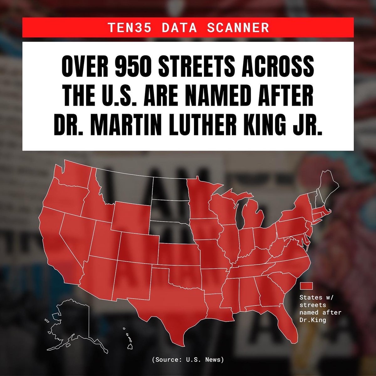 weareten35's tweet photo. Dr. Martin Luther King Jr.'s legacy spans far and wide, with approx. 955 U.S. streets named in his honor. 41 states, the District of Columbia, and Puerto Rico have at least one street bearing his name. Here’s a look at the history of some of the streets honoring MLK Jr. #MLKDay https://t.co/CuTil0sFZq