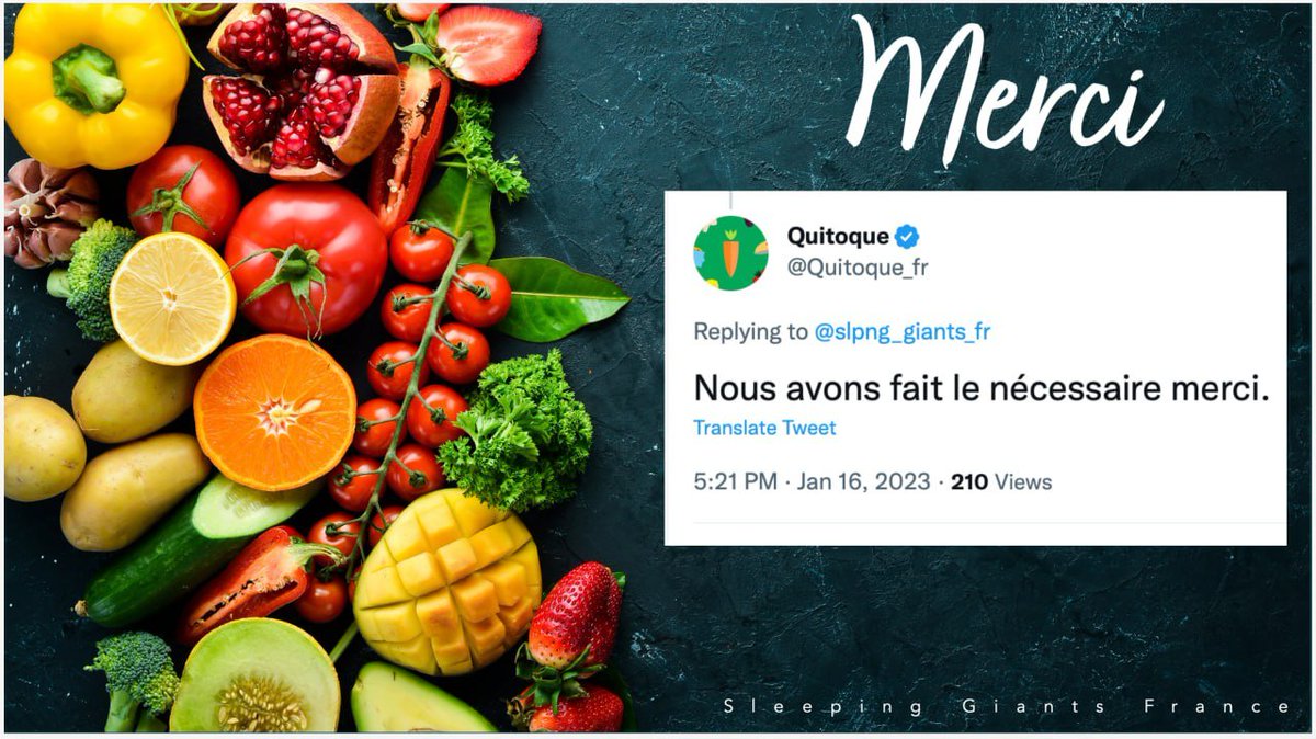 slpng_giants_fr's tweet photo. ✔️CONFIRMÉ : @QuitoqueFr vous livre vos paniers pour cuisiner chez vous avec le même sérieux que pour gérer ses emplacements publicitaires. Averti de la présence de ses bannières sur le site infâme #Medias-Presse-Info, il les en retire instantanément.
Merci ! 🥕🚚🍽️💕 https://t.co/kTUzCKSEQY