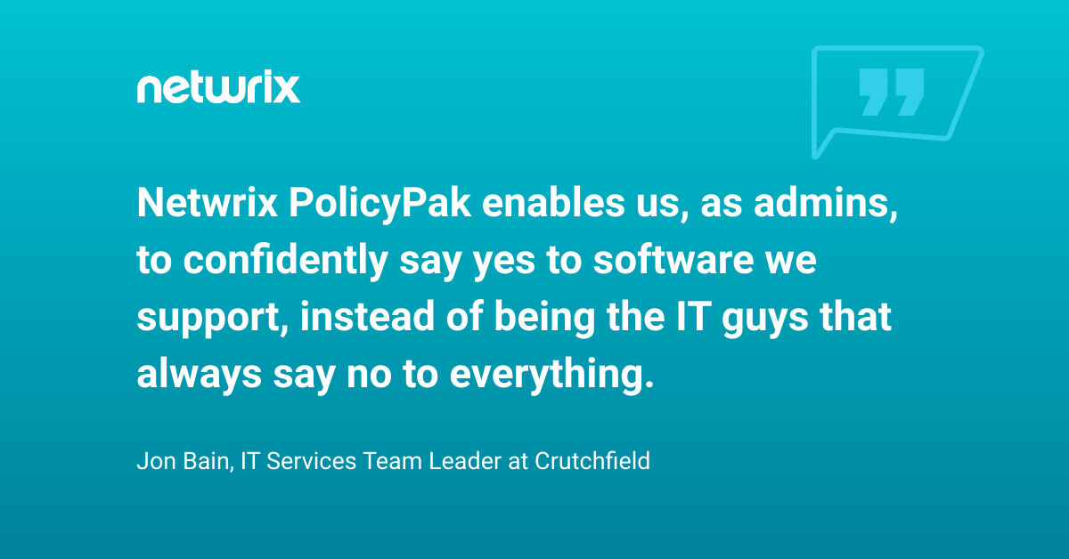 Netwrix's tweet photo. Jon Bain, IT Services Team Leader at @Crutchfield, learned about Netwrix PolicyPak at the MS TechEd conference and "immediately recognized the tremendous value in the ability it gives you to tweak settings". Here is the full story >> https://t.co/AKEyDF29SS
#NetwrixSuccess https://t.co/aFJTwKqwX2