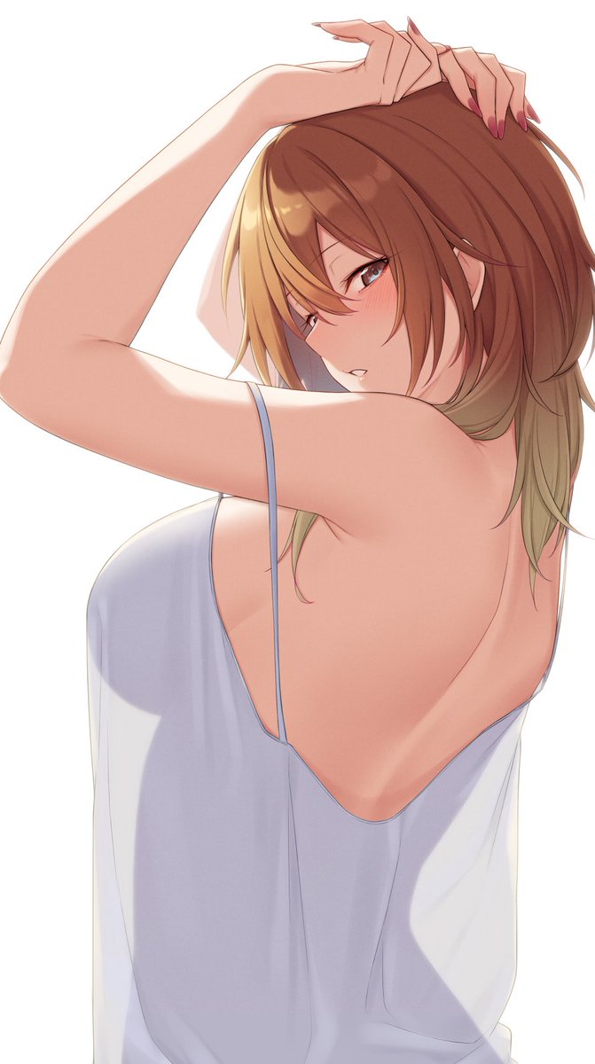 1girl arms up back bangs bare shoulders blonde hair blush  illustration images