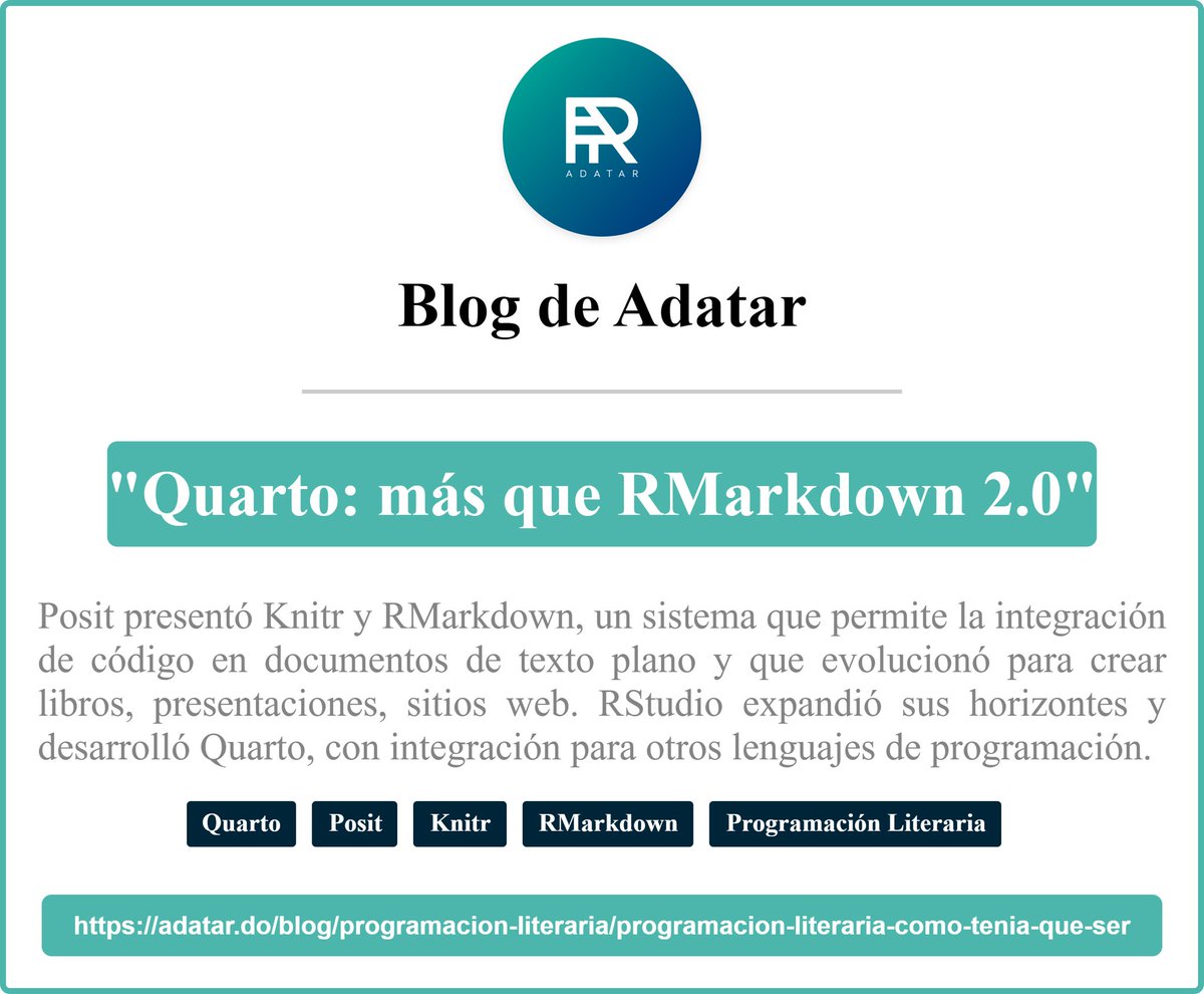 adatar_do's tweet image. Conoces Quarto?

Aquí hablamos un poco al respecto.

#quartopub #knitr #rmarkdown #posit #adatar