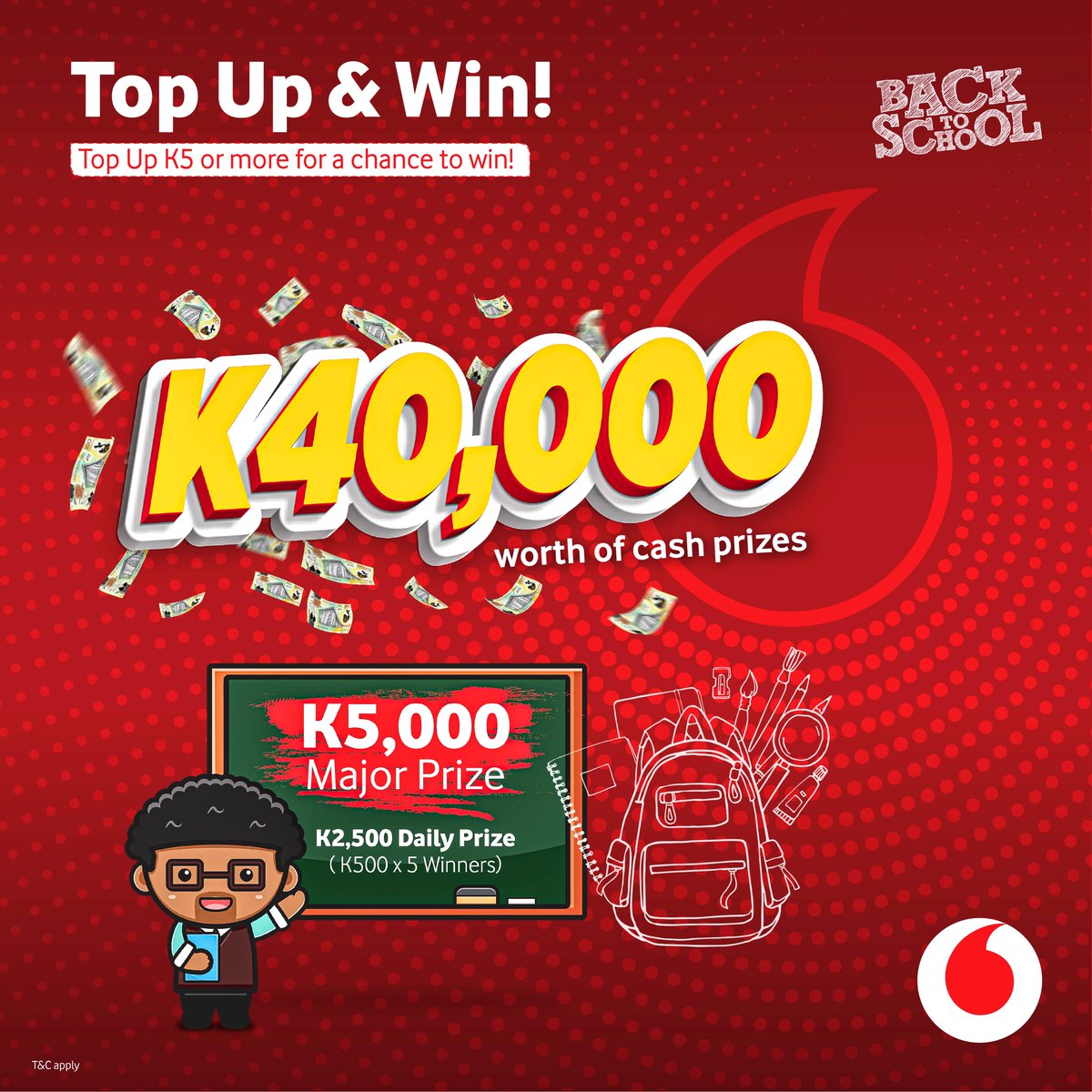 Vodafone_PNG's tweet photo. 🚨 #NewPromoAlert | Back to School
Go #BackToSchool with Vodafone! 🤓 Top Up with K5 or more and go into the draw to WIN a share of K40,000 CASH!
Click here for more details: https://t.co/m3HhibgWFY
#NewPromotion #VodafonePNG #TogetherWeCan https://t.co/Y0qaZYvEOB