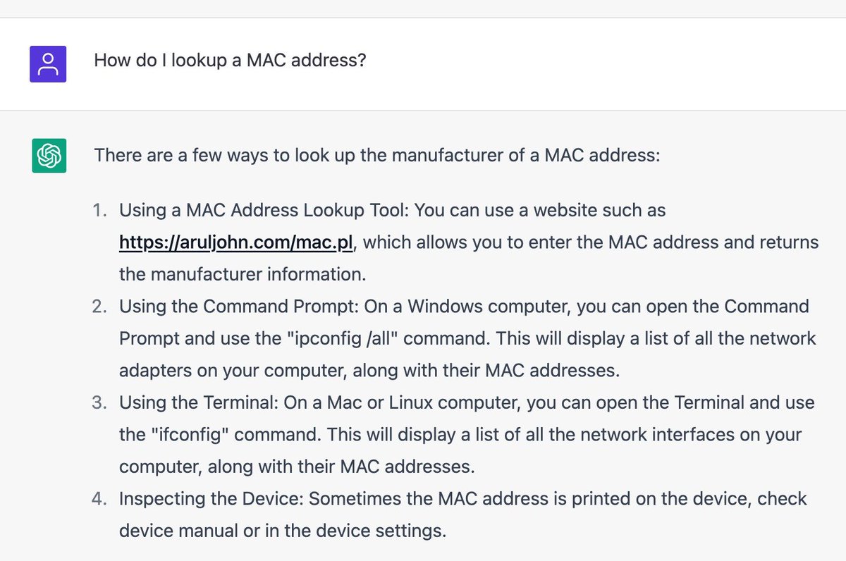 aruljohn's tweet image. How to lookup a MAC address using ChatGPT.
#ChatGPT #macaddress #mac