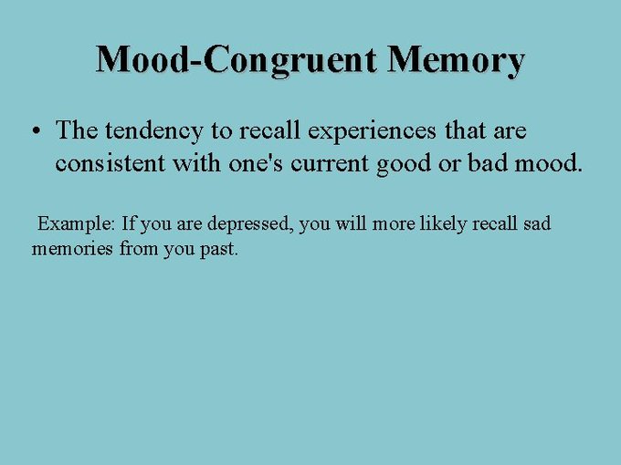 The mood-congruent memory effect states that happy people will better remember happy than sad materials, whereas sad people will better remember sad than happy materials (or remember such material equally).

Mood-Congruent Memory and Natural Mood: New Evidence