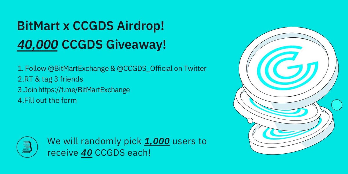🚀To celebrate <a href="/CCGDS_Official/">CCGDS</a> listing on Jan 17, join to win 40,000 $CCGDS 🤑🤑🤑
 
1⃣Follow <a href="/BitMartExchange/">BitMart</a> &amp; <a href="/CCGDS_Official/">CCGDS</a> 
2⃣RT &amp; tag 3frds
3⃣Join t.me/BitMartExchange
4⃣Fill forms.gle/LrzXfr3x3hokv9…
 
💎1,000 lucky winners receive 40 CCGDS each!
⏰By 12 PM UTC Jan 25