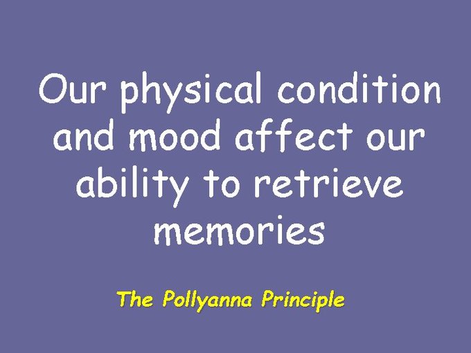 The Pollyanna principle is the tendency for people to remember pleasant items more accurately than unpleasant ones. Research indicates that at the subconscious level, the mind tends to focus on the optimistic; while at the conscious level, it tends to focus on the negative. Wikipedia