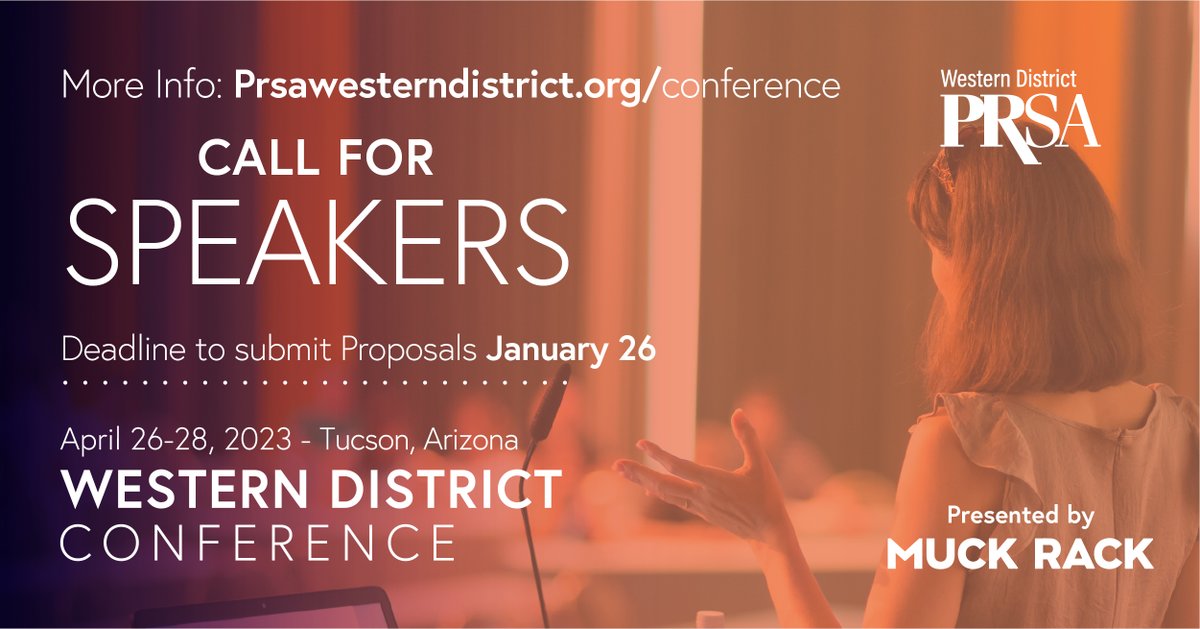 prsaie's tweet photo. Call for Speakers! Submit your proposal for the Western District Conference by Thursday, January 26, 2023. Click for more information and to complete the application: https://t.co/k40rf30mtN
#PRSA #PRpros #prsawdc https://t.co/Xyh9doybaL