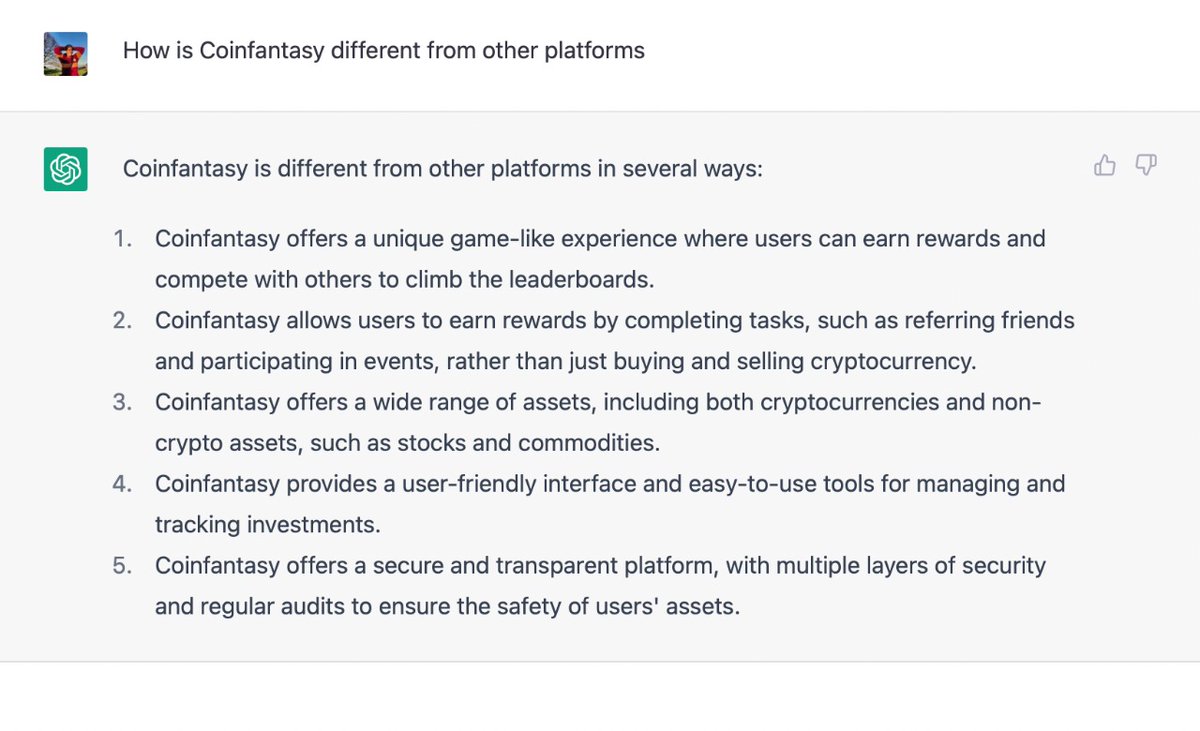 CoinFantasyIo's tweet photo. Check out what ChatGPT had to say when we asked about #Coinfantasy.🤩

Our Thoughts: Well, that's a great way to put it.👀

Have you tried and received any other interesting answers lately? If yes let us know.👇

#Crypto #Gaming #Blockchain #Questiontime #PlayToEarn #ChatGPT https://t.co/NvGMQu5orZ