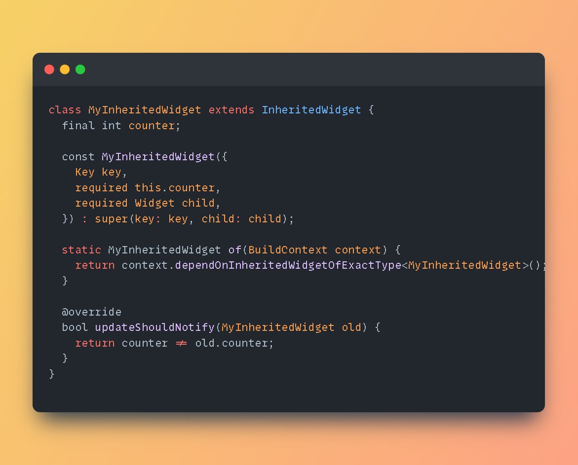 samuelkchris's tweet image. #InheritedWidget allows you to pass data down the widget tree, without having to pass it as a parameter through every single widget. #flutterdev #flutter