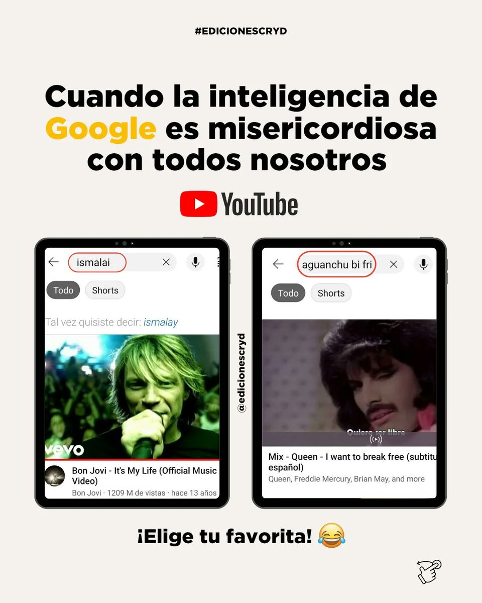 edicionescryd's tweet photo. Definitivamente Google y YouTube tienen misericordia con muchas de nuestras búsquedas. 🤣

¿Qué es lo más loco que has escrito para buscar algo? 🔍 Coméntanos y etiqueta a un amigo. 🤭

#Google
#YouTube
#YouTubeChannel
#BusquedasEnGoogle
#BonJovi
#Queen
#EdicionesCryd https://t.co/QzLH0yzFnV