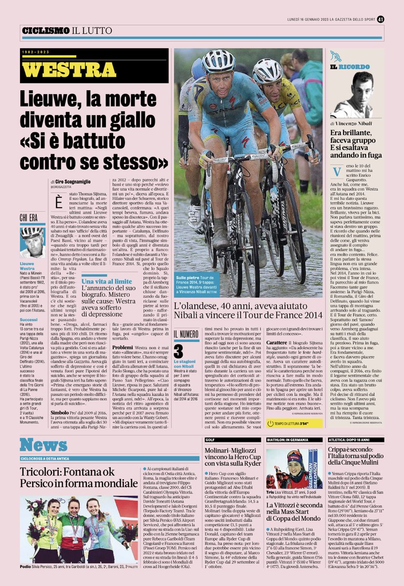 Nibali dankt ⁦<a href="/lieuwewestra/">Lieuwe Westra</a>⁩ als meesterknecht, sleurend over de kasseien richting Arenberg, een etappe die gewonnen werd door Lars Boom maar Nibali won dat jaar de Tour.