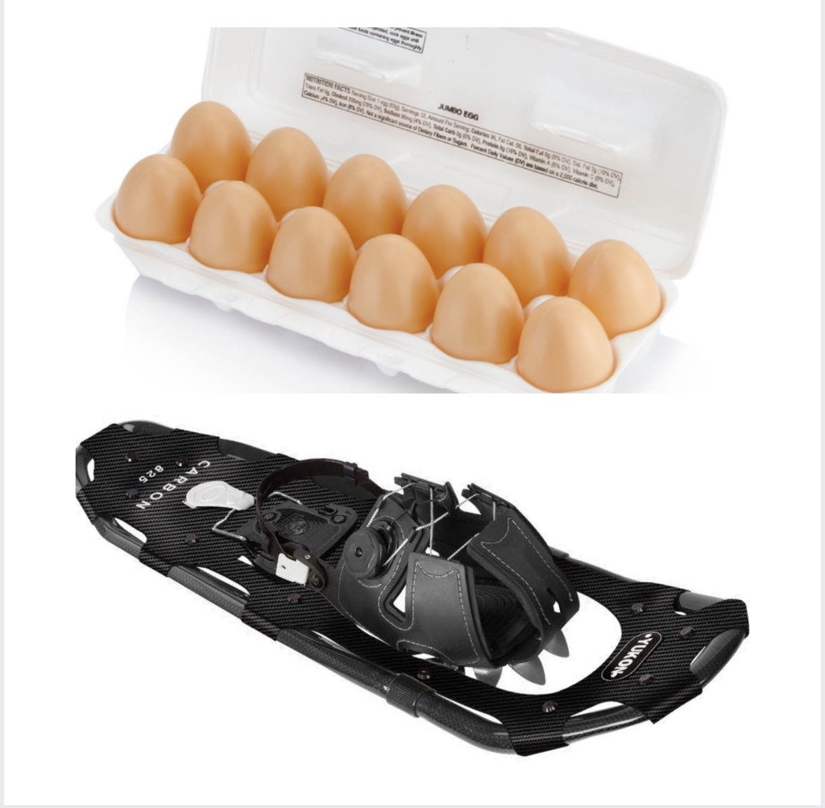 HalleeRunner's tweet photo. I have a tough decision to make. I can’t afford both the eggs and the @yukoncharlies carbon spin snowshoes, which should I choose? Pros and cons: pros, eggs provide protein, snowshoes provide exercise. Cons eggs only 12 won’t last long, no cons for snowshoes #experiencewinter https://t.co/WxxhMxtipu