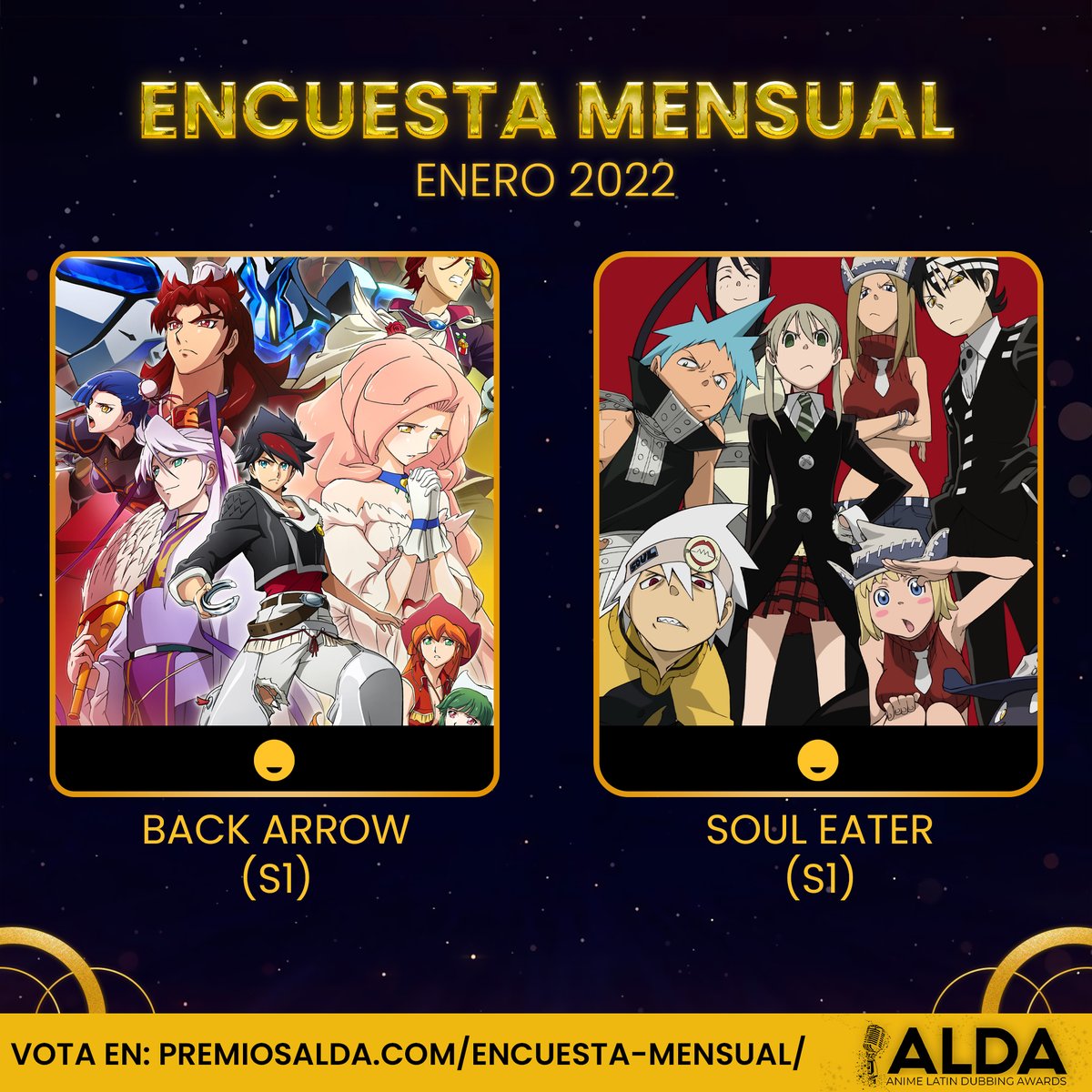 alda_awards's tweet photo. ⭐️#Doblaje Latino de #Anime en ENERO🎙️

La primera temporada de "Back Arrow" y de "Soul Eater" estrenaron doblaje en #Funimation
 
Si te gustó, vota por ellos en: https://t.co/9ITWeSEX38

#backarrow #souleater #AnimeLatinVoice https://t.co/Zr7y1Z6Wwd