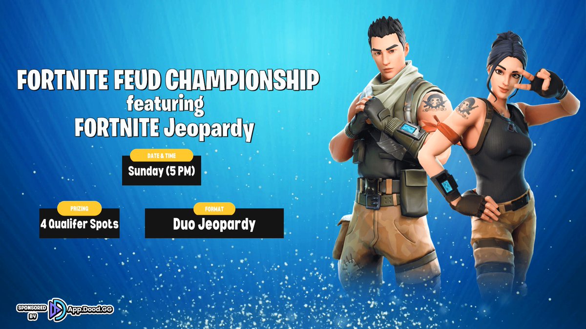 GamersFeud's tweet photo. Who will become the champion of the final Fortnite gameshow this season? 👀

Bring your Fortnite knowledge and jump into the Gamers Feud Fortnite Feud Championship, starting on January 22nd.

📅Sunday at 5 PM ET, Jan 22nd
📝 Register: https://t.co/2woHnTfJmV https://t.co/M4mQEDrDBf
