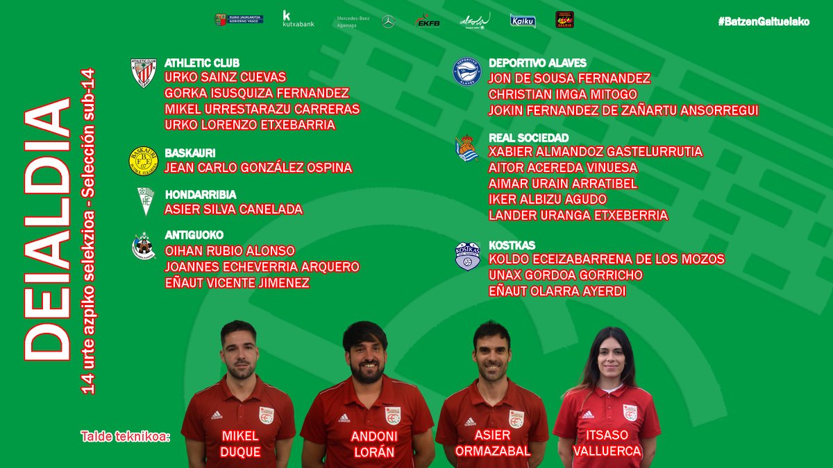 Eguraldiak uzten badu, asteazkenen, urtarrilak 18, arratsaldeko 18:00etan 14 urte azpiko Euskal selekzioa izango dugu Harizti Haundin entrenatzen!!
Eta konbokatutako jokalarien artean, Aimar Urain gure jokalari ohia egongo da. Aupa Aimar!! <a href="/EFF_FVF/">Euskadiko Futbol Federakundea - Federación Vasca</a> #batzengaituelako