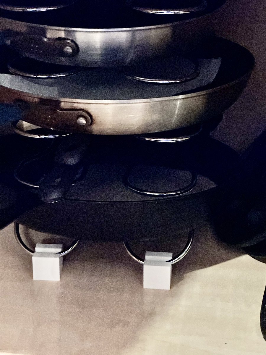 MCHRISP1's tweet image. More #PracticalPrinting today! 

The little white blocks were whipped up and printed to raise the front of my wife’s pan holder so the cast iron pans don’t make it fall over anymore! #3DPrinting