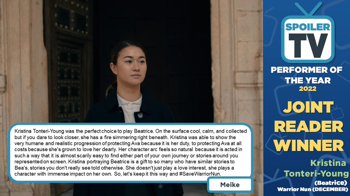 Congratulations to <a href="/albabaptista_/">Alba Baptista</a> and <a href="/TonteriYoung/">Kristina Tonteri-Young</a> for jointly winning <a href="/SpoilerTV/">Rеnzо</a>'s 2022 Readers' Choice Performer of the Year. #POTY #WarriorNun #Avatrice #SaveWarriorNun #WarriorNunS3 <a href="/SimonDavisBarry/">Simon Barry</a> HYMN FOR HER <a href="/netflix/">Netflix</a> NETFLIX CORRECT YOUR MISTAKE
spoilertv.com/2023/01/perfor…