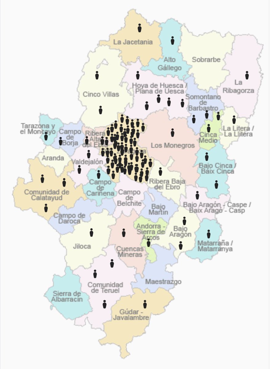 Si 100 personas vivieran en Aragón, cómo sería su distribución por comarcas? 
#teruel #zaragoza #huesca #aragon #demografia