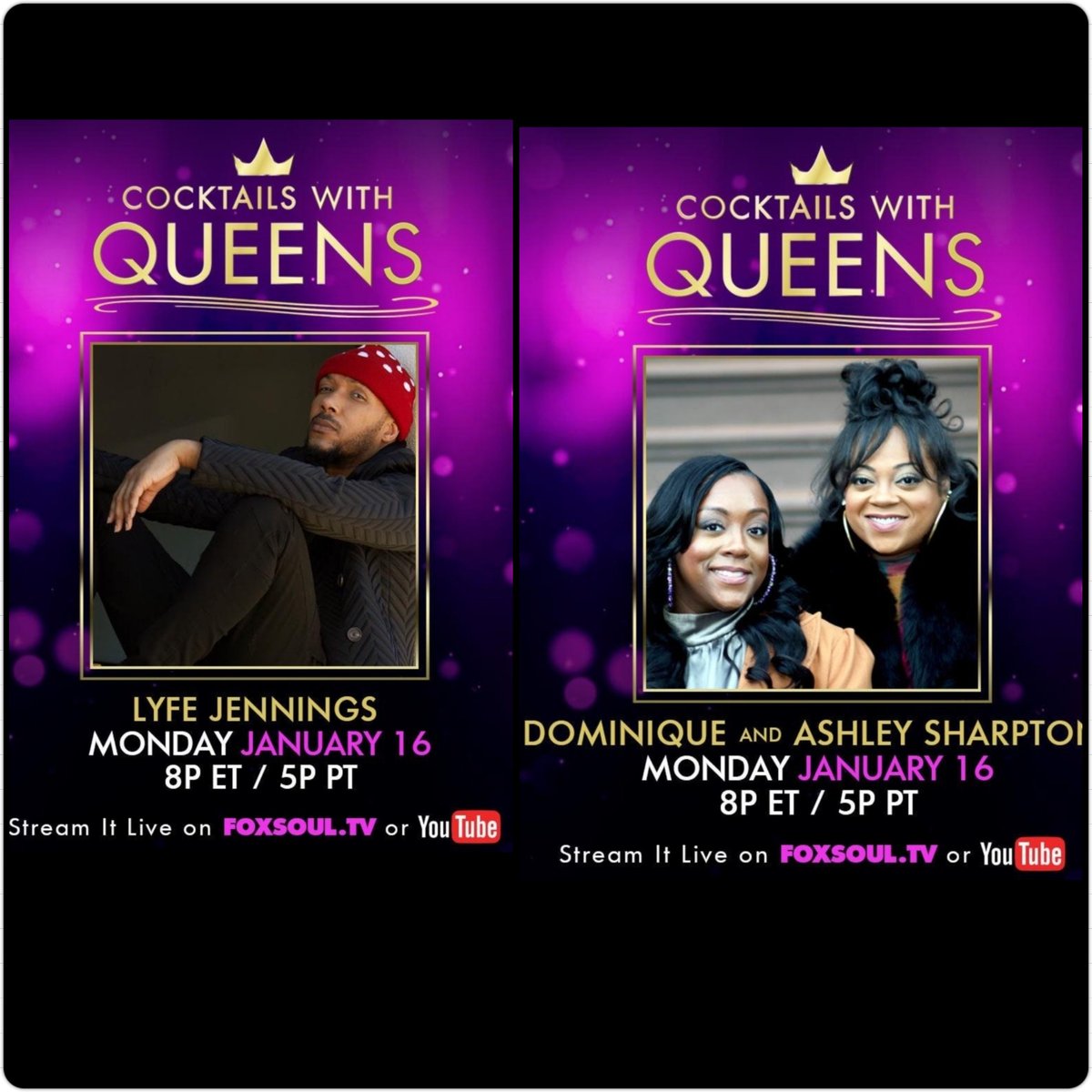 YAASS DAWLINGS! We've got 3 AMAZING guest 2nite on <a href="/foxsoultv/">FOX SOUL</a> "Cocktails With Queens" show! Check out sexy singer <a href="/Lyfejennings1/">Lyfe jennings</a> &amp; FABULOUS #dominiquesharpton #Ashleysharpton 2nite at 8pm EST 5pm PST on FOXSOUL.TV OR YOUTUBE! ENJOY 😉