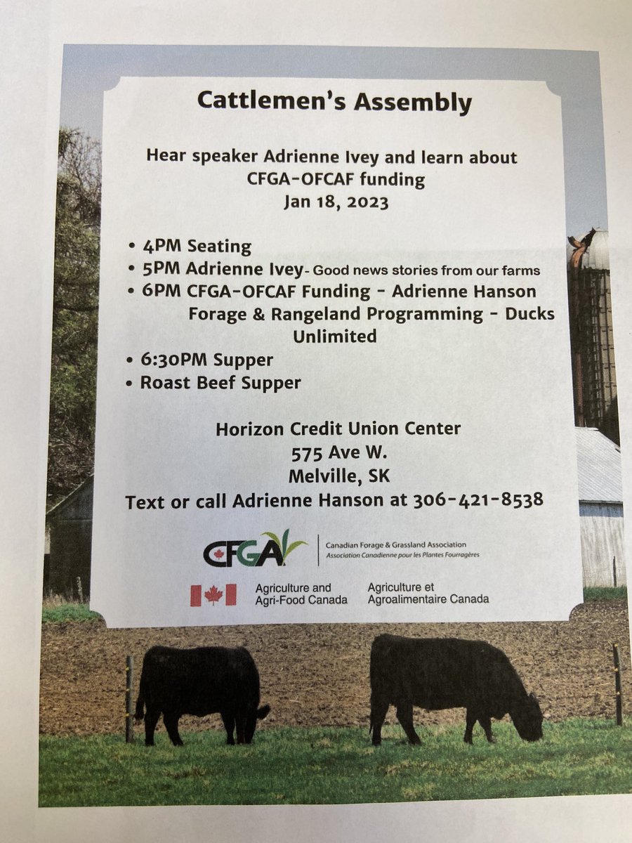 Looks like a great event in Melville. OFCAF funding information event hosted by GFCS. Great speakers and Roast #beef supper included. Register with Adrienne