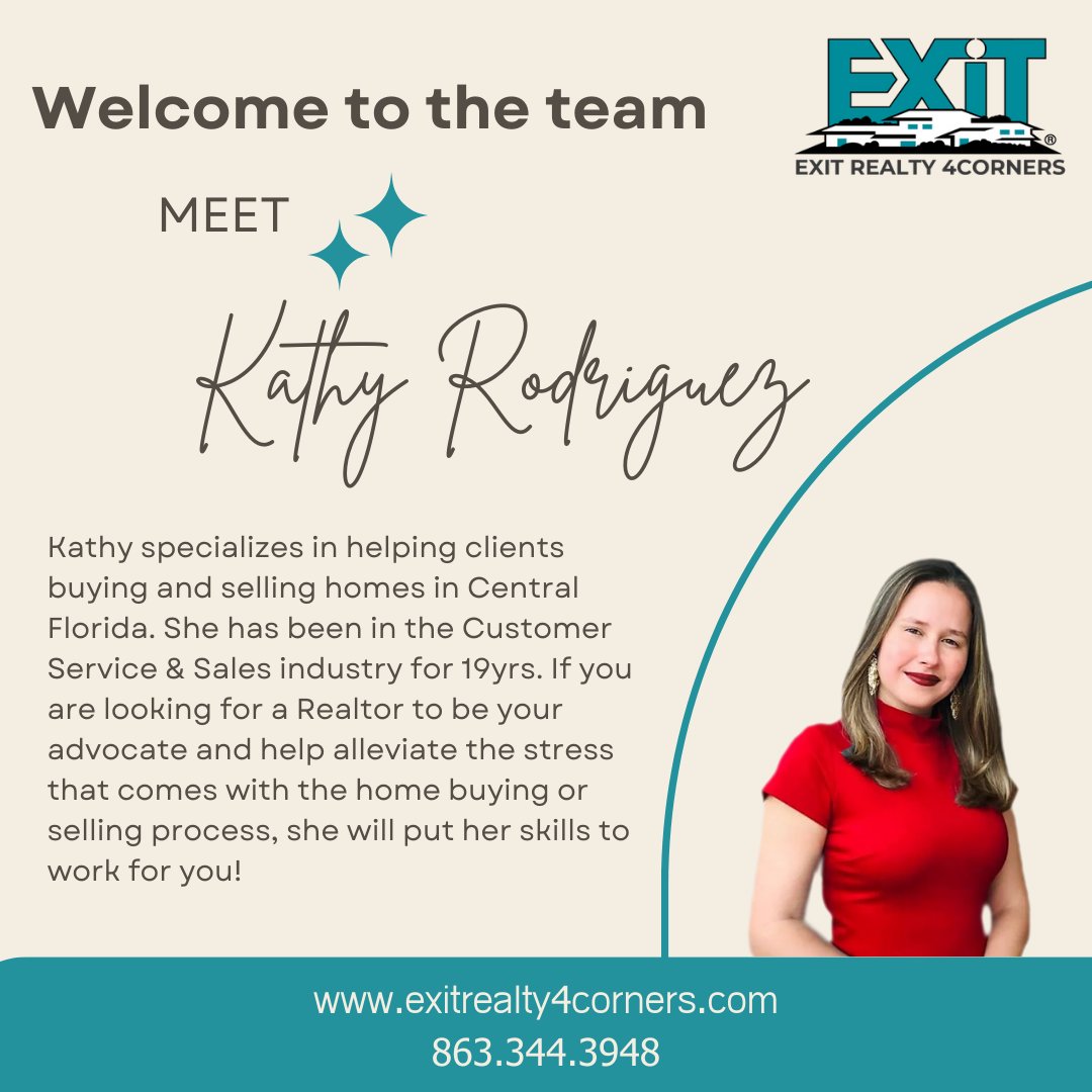 Help me Welcome Kathy Rodriguez to EXIT Realty 4Corners

Happy to have you with us!

Interested in joining our team or wondering how Exit Realty can take your business to the NEXT LEVEL

Call us TODAY @ 863-344-3948

#exitrealty4corners #joinexit...