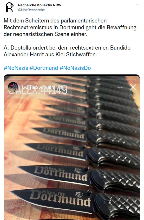 AfaNord's tweet photo. Stellv. Kreisvorsitzender vom neuen #NoNPD-Kreisverband #Dortmund/ "#Heimat Dortmund" Alexander D. (ehem. #DieRechte) soll ca. 20 Messer bei #Neonazi & "Sgt. of Arms" der #Bandidos #Padborg Alexander Hardt geordert haben. Nun wird ermittelt.
#NoNazis #Combat18 #Kiel #DankeAntifa https://t.co/ZLNtHQaaMS