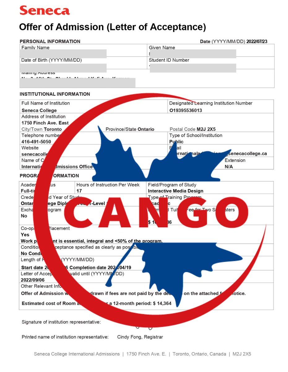 Fast &amp; Free - This is how our admission services work. Here is a sample offer from #SenecaCollege in #Toronto.

We cover more than 90% of schools around Canada!

Get in touch for more info to start your journey:
+17787138040 (WhatsApp)

#CangoImmigration #StudyinCanada #Canada