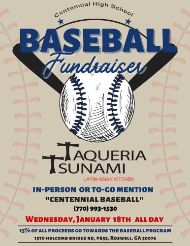 Centennial Baseball (@chsknightsbb) on Twitter photo Help support Centennial Baseball by joining us for dinner at Taqueria Tsunami! Thank you so much for the support! #GoKnights⚔️ <a href="/CHSKnightsAth/">Centennial Knights Athletics</a> <a href="/The_CHSKnights/">Centennial High School</a> <a href="/HBMSPTA/">Haynes Bridge MS PTA</a> <a href="/HolcombBridgeMS/">HolcombBridgeMS</a> Help support Centennial Baseball by joining us for dinner at Taqueria Tsunami! Thank you so much for the support! #GoKnights⚔️ <a href="/CHSKnightsAth/">Centennial Knights Athletics</a> <a href="/The_CHSKnights/">Centennial High School</a> <a href="/HBMSPTA/">Haynes Bridge MS PTA</a> <a href="/HolcombBridgeMS/">HolcombBridgeMS</a>