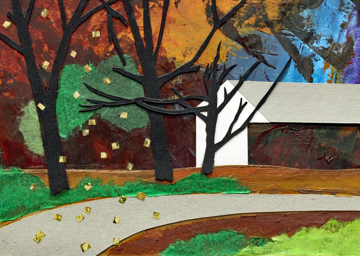 Falling Leaves, mixed media collage, 5x7in, 2023.  #rochestermi #rochesterhillsmi #shelbytownship #puremichigan #metrodetroitartist #paintcreekcenterforthearts #collageart