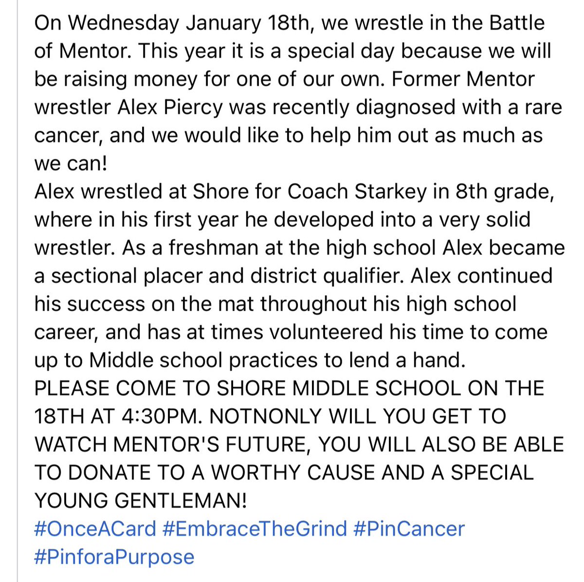 ShoreWrestl1's tweet photo. Please come out and support as we wrestle in the Battle of Mentor this Wednesday January 18th at 4:30pm at Shore Middle School! This year is special as Mentor Pin Club will be raising funds for former Mentor Wrestler Alex Piercy who was recently diagnosed with a rare cancer. https://t.co/jdqkiS9vgQ